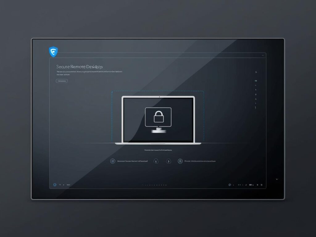 la fonctionnalité d’écran noir dans un contexte professionnel de bureau à distance, avec des éléments visuels mettant en avant la sécurité et le contrôle à distance.