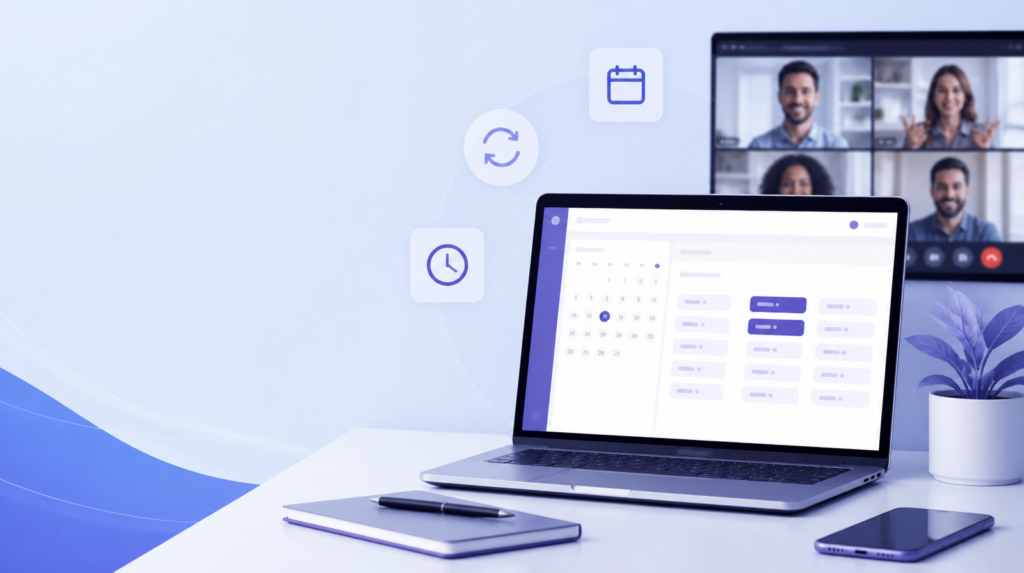 Zoom Scheduler : ordinateur affichant une page de réservation avec une visioconférence Zoom